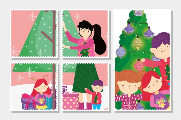 Famiglia decorazione albero allegro Natale, felice anno nuovo carte — Vettoriale Stock