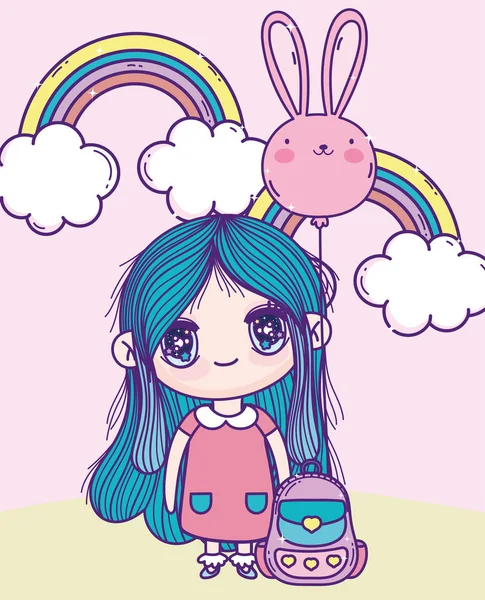 Anime mignonne fille en forme de lapin ballon arc-en-ciel sac extérieur — Image vectorielle