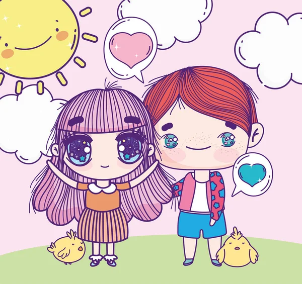 Anime schattig jongen en meisje met kippen outdoor — Stockvector