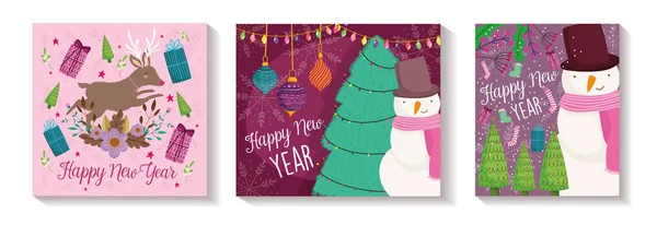 Feliz ano novo boneco de neve rena árvore bolas decoração cartaz —  Vetores de Stock