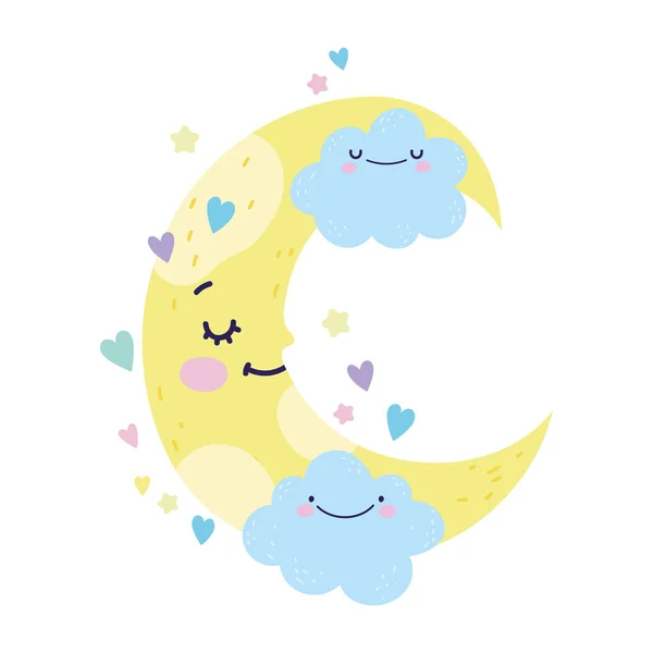 Baby shower cute half moon clouds hearts cartoon — Vector de stock