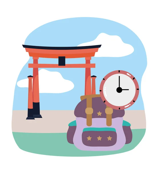 Japanese puerta mochila reloj turístico de vacaciones de viaje — Vector de stock