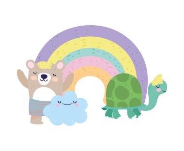 baby shower cute bear with short pants and turtle rainbow cartoon