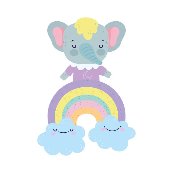Baby shower cute elephant on rainbow with clouds — Vector de stock