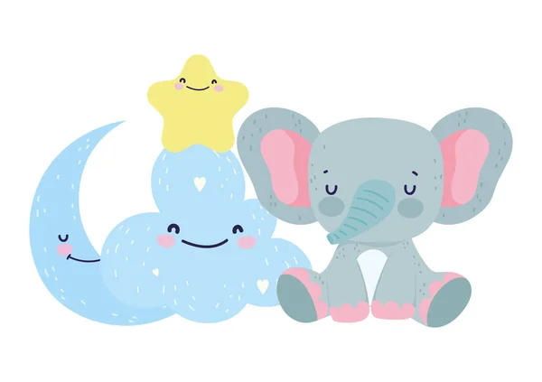 Baby shower cute elephant half moon star cloud cartoon — ストックベクタ