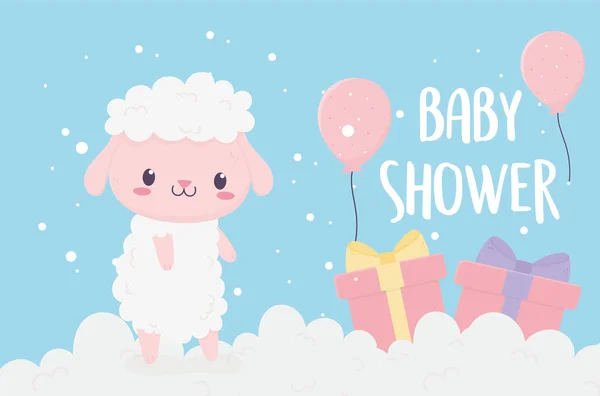 Baby shower cute little sheep in clouds with gifts and balloons — Image vectorielle