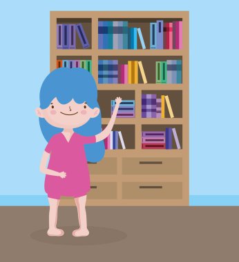childrens day, little girl student with bookshelf books