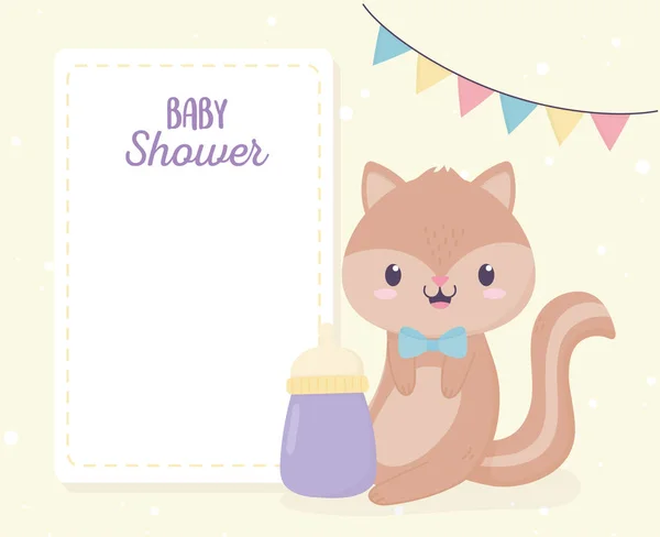 Baby shower cute little squirrel and milk bottle greeting card — 스톡 벡터