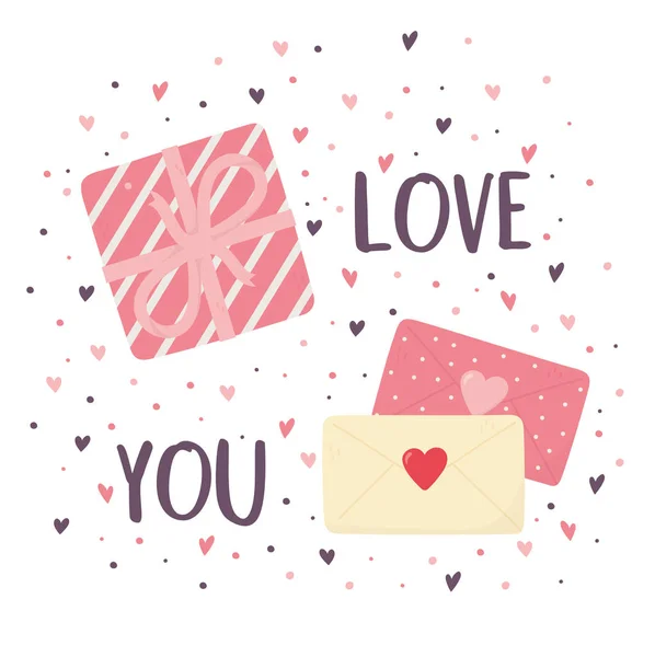 Happy valentines day, decorative gift box and envelope letter hearts love — Vetor de Stock