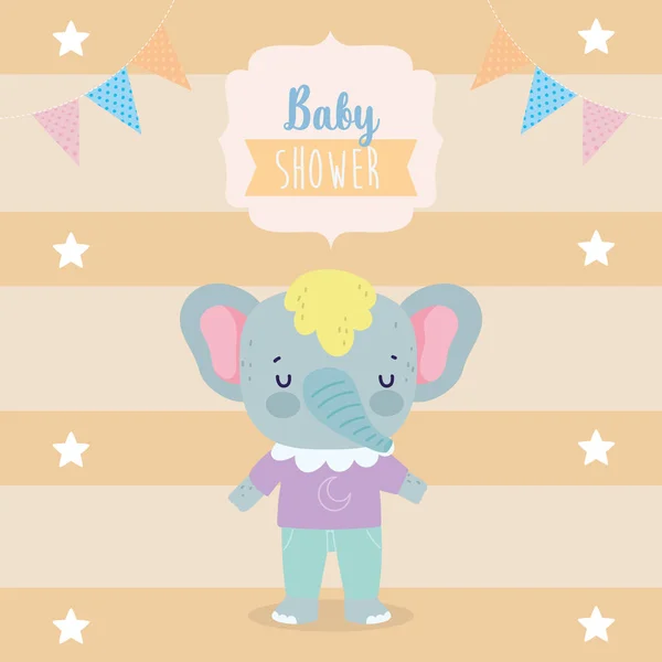 Baby shower cute elephant with clothes cartoon — Stock vektor