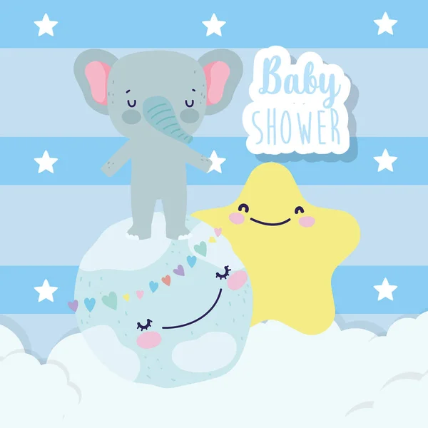 Baby shower cute elephant on world star love hearts cartoon — Stock vektor