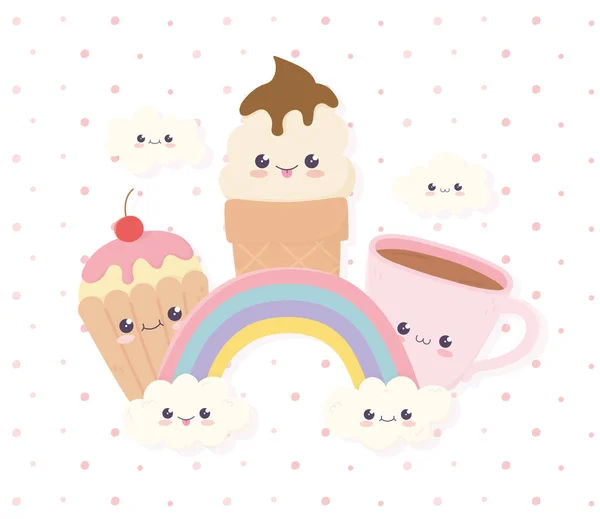 Kawaii ice cream cupcake and coffee cup rainbow clouds fast food cartoon — Image vectorielle