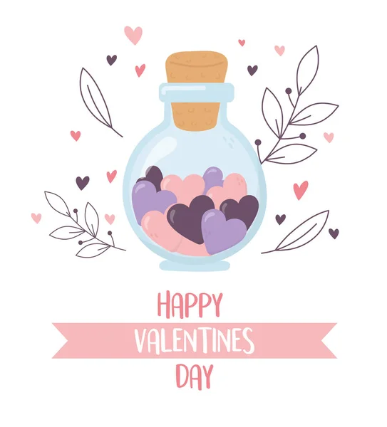 Happy valentines day, jar glass with hearts love foliage — Vector de stock