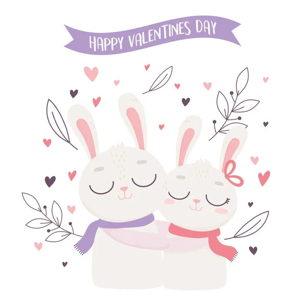 Happy valentines day cute white couple rabbits ribbon card — Stockový vektor
