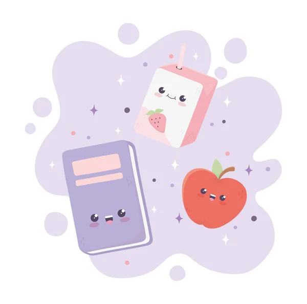 Kawaii school book apple and box juice cartoon — Stockvektor