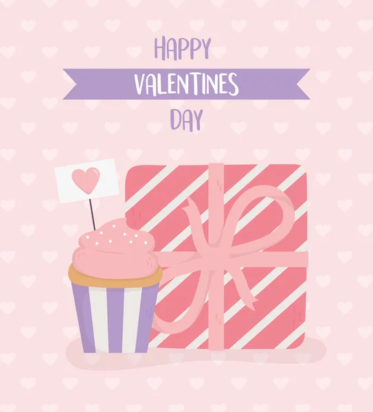 Happy valentines day, wrapped gift box and cupcake hearts background — Vector de stock