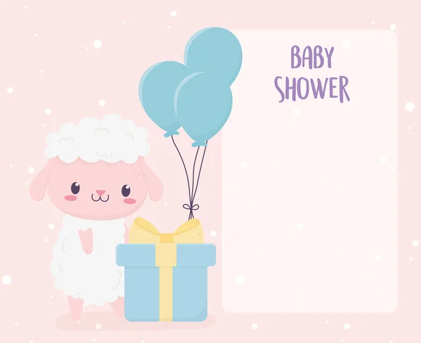 Baby shower cute little sheep with gift box and balloons celebration — Image vectorielle