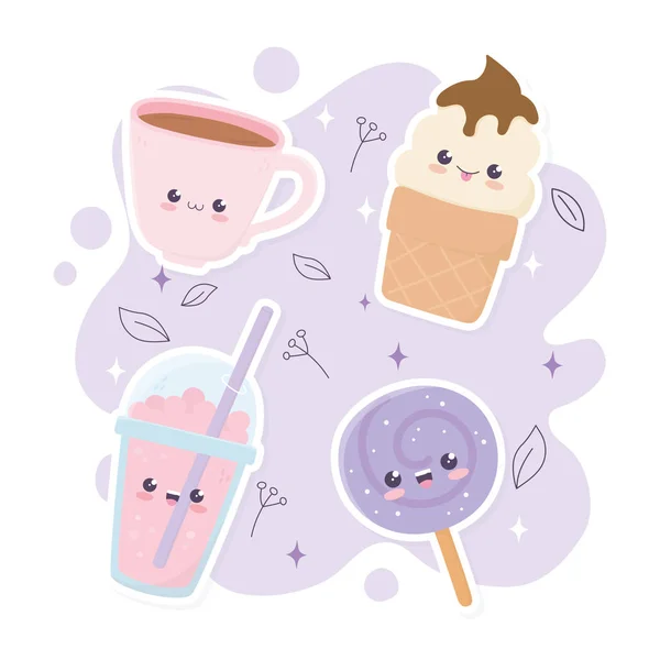 Kawaii kávéscsésze jégkrém nyalóka frappe gyorsétterem rajzfilm — Stock Vector