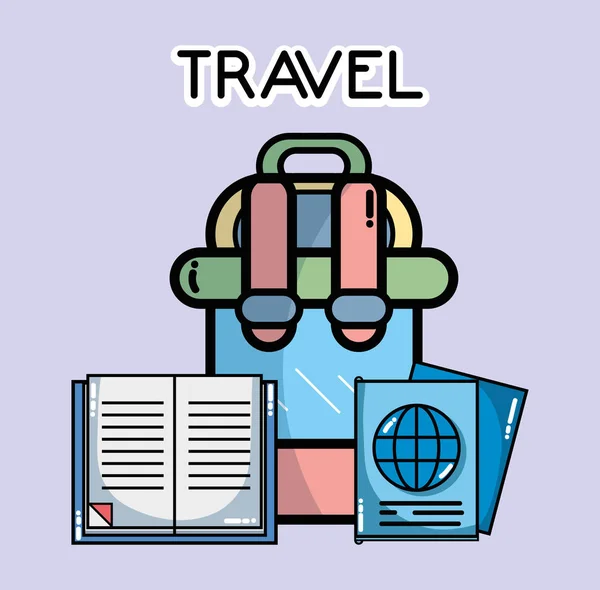 Backpack passport book guide tourist vacation travel – Stock-vektor