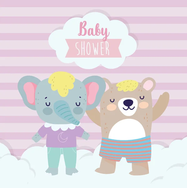 Baby shower cute elephant and bear with clothes cartoon — Stockvector