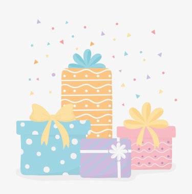 paketlenmiş hediye kutuları ve konfeti parti dekorasyonu