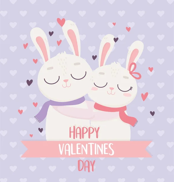 Feliz día de los conejos lindos de pareja abrazando los corazones de amor fondo. — Vector de stock