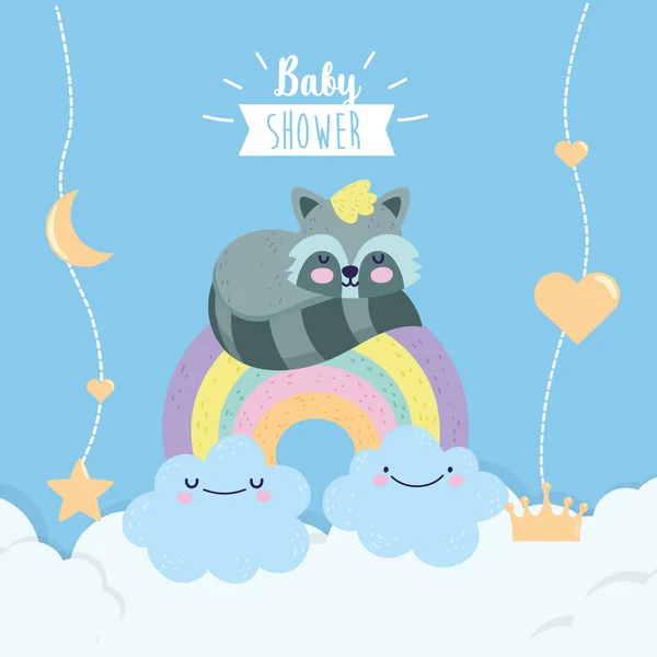 Baby shower cute raccoon on rainbow with clouds cartoon — Stok Vektör