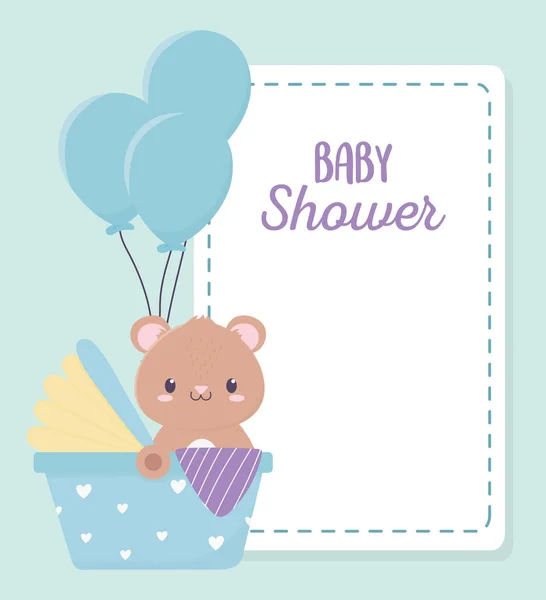 El oso lindo de la ducha del bebé en los globos de asiento del coche recién nacidos — Vector de stock