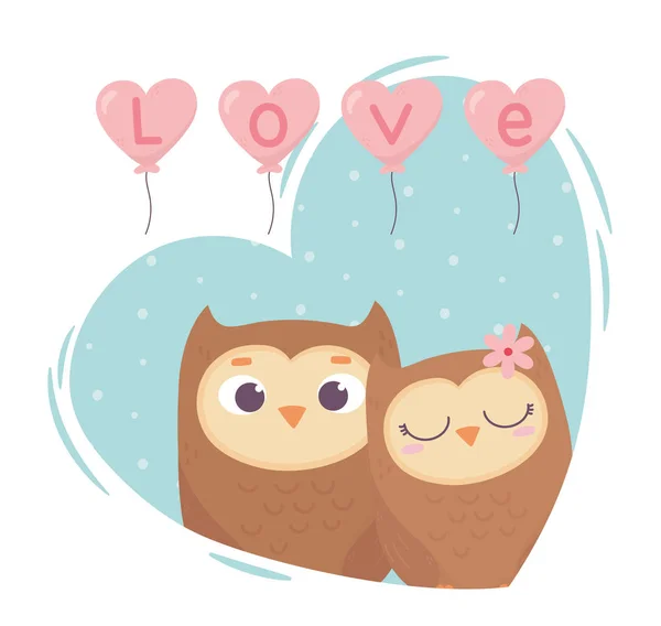 Happy valentines day cute couple owls balloons heart love romance — Stock Vector