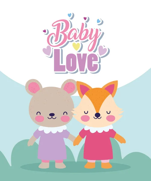 Baby shower cute fox and bear girls with dress holding hands — Image vectorielle
