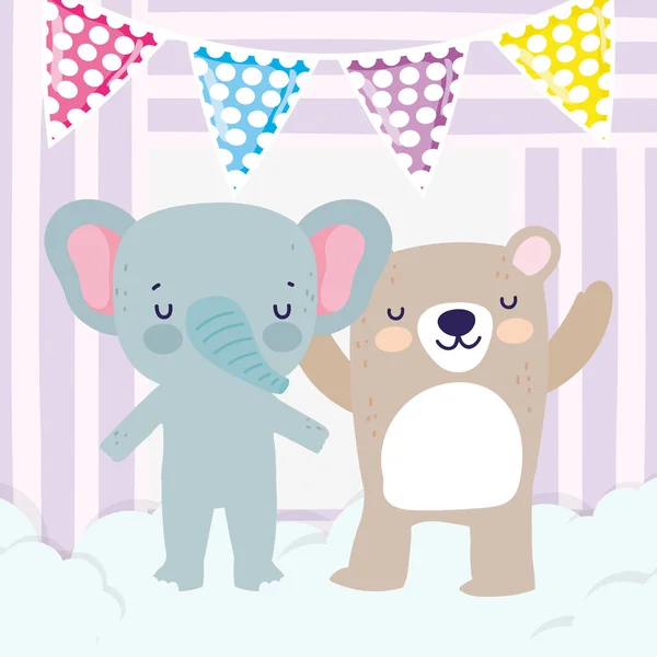 Baby shower cute elephant and bear with bunting flags cartoon. — Vector de stock