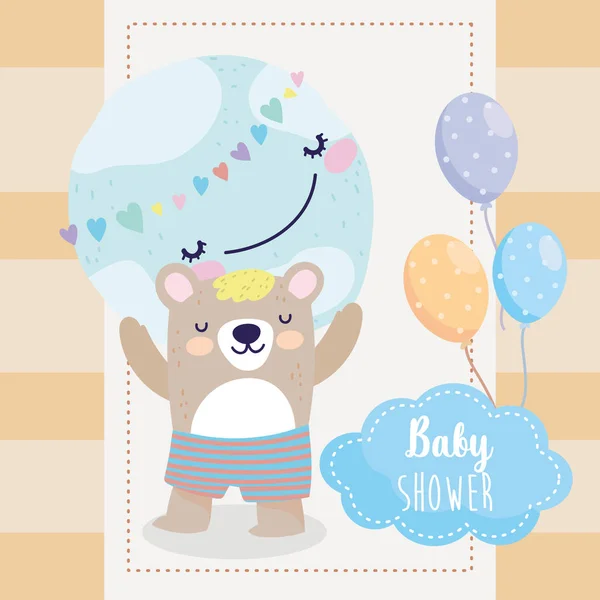 Baby shower cute niedźwiedź z krótkich spodni z świata serca balony kreskówki — Wektor stockowy