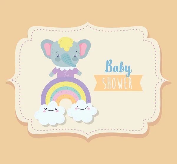 Baby shower cute elephant on rainbow with clouds — Stok Vektör