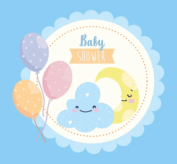 Baba zuhany aranyos kék felhő és hold léggömbök rajzfilm — Stock Vector