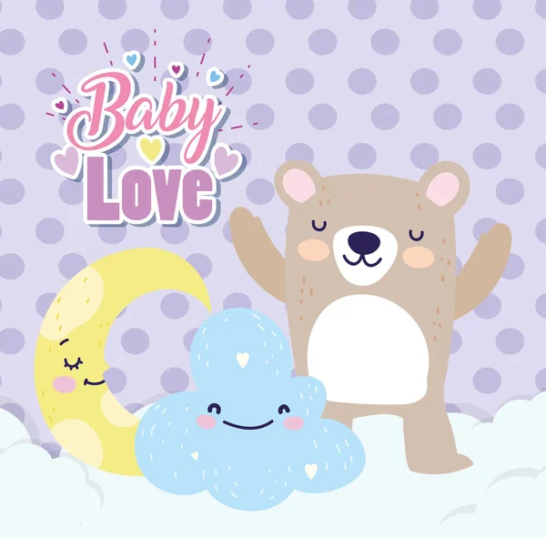 Baby shower cute oso media luna caricatura nube — Vector de stock