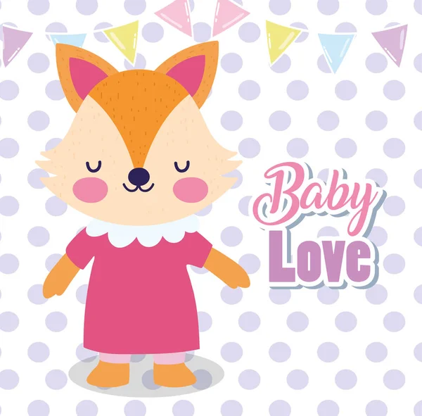 Baby Shower Liebe Fuchs Mädchen mit Kleid und Punkten Hintergrund — Stockvektor