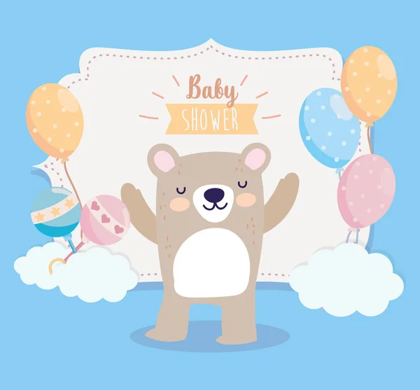 Baby shower cute niedźwiedź z krótkimi spodniami balony grzechotka kreskówka — Wektor stockowy