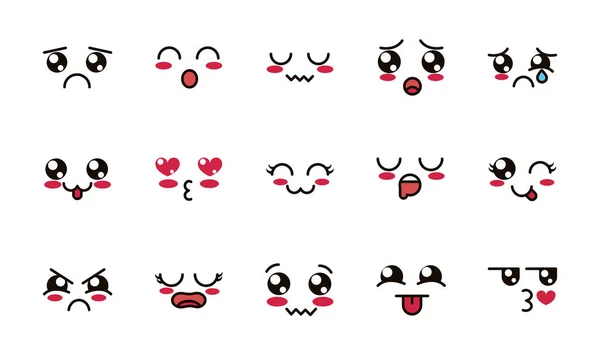 Kawaii cute face expressions eyes and mouth icons set — Wektor stockowy