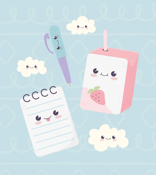 Kawaii school notepad pen and juice box clouds character cartoon — Stockvektor