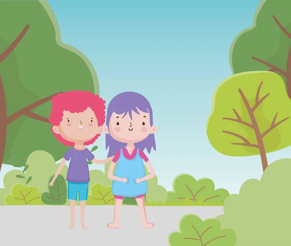 Happy childrens day cute little boy and girl in the road park trees — Stockvektor