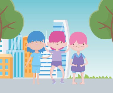 happy childrens day cute little boys in the city road trees