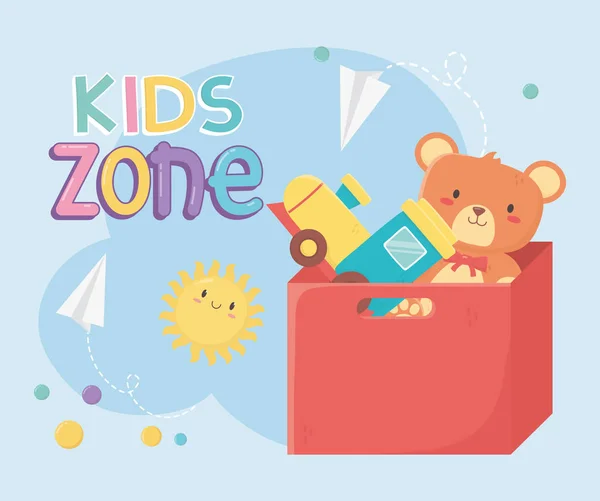 Kids zone, filled red box with train and teddy bear — Stock vektor