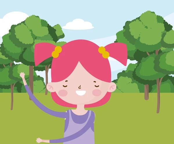 Felice giorno dei bambini, celebrazione internazionale carino bambina alberi erba — Vettoriale Stock