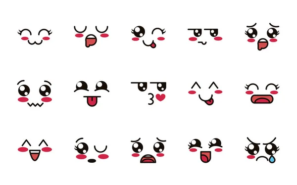 Kawaii cute face expressions eyes and mouth icons set — Stok Vektör