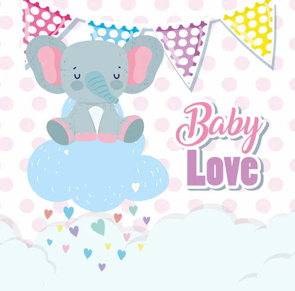 Baby shower cute elephant cloud rain hearts love cartoon — Stock vektor