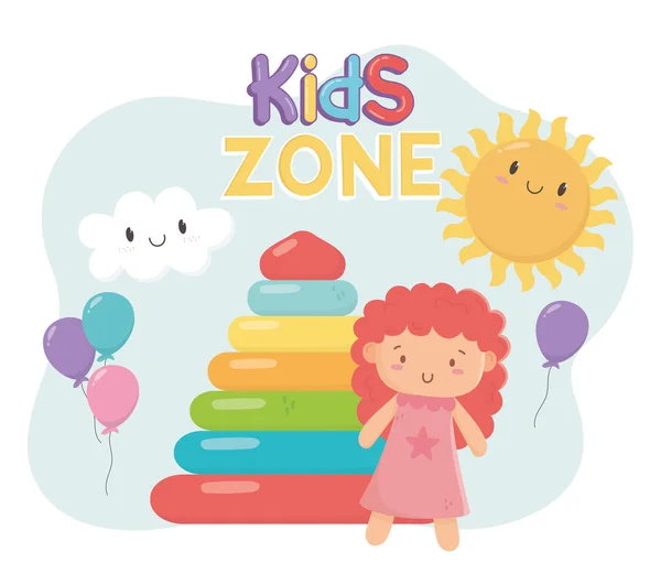 Kids zone, rubber pyramid and pink little doll toys — Stock vektor
