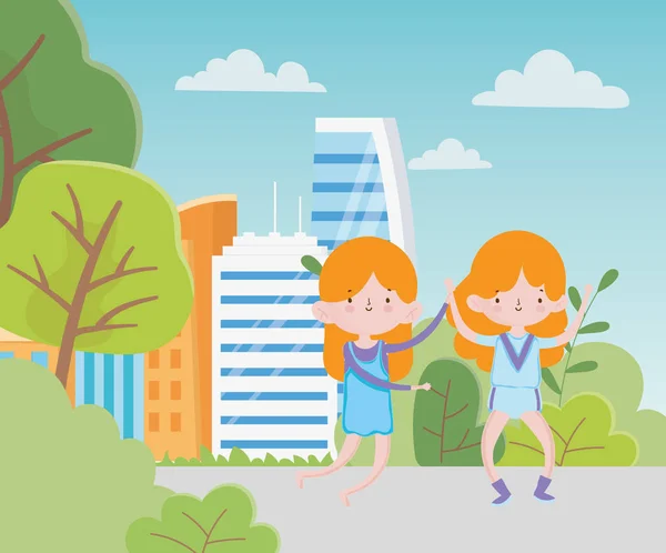 Happy childrens day smiling little girls in the city street — Vector de stock