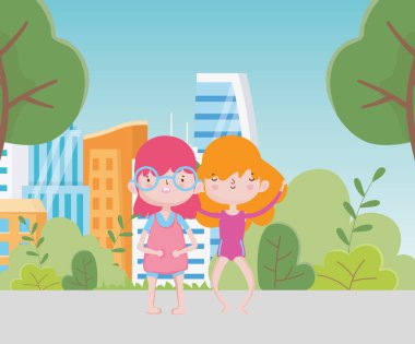 happy childrens day cute little girls celebration in the street town