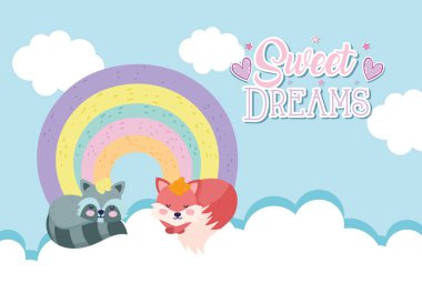 baby shower cute fox and raccoon sleeping rainbow with clouds cartoon