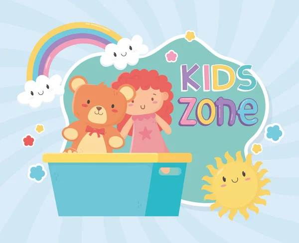 Kids zone, teddy bear and little doll in bucket toys — Stock vektor